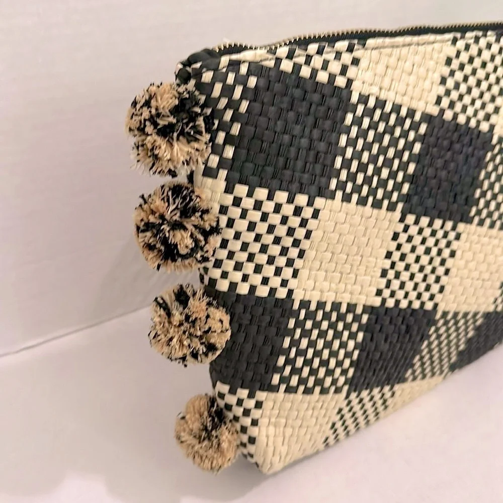 A New Day Checkered Black and Cream Clutch with Pop Poms and wristlet nwt